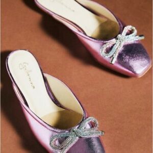 Guilhermina Anthropologie Ballet Flat Mules Bow Embellished Metallic Pink 38